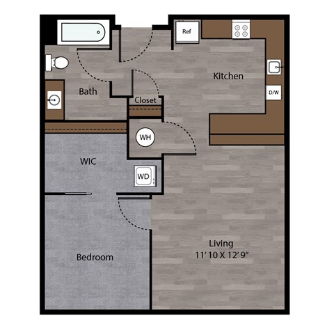 Floor plan for 1 bed, 1 bath, 676 sqft